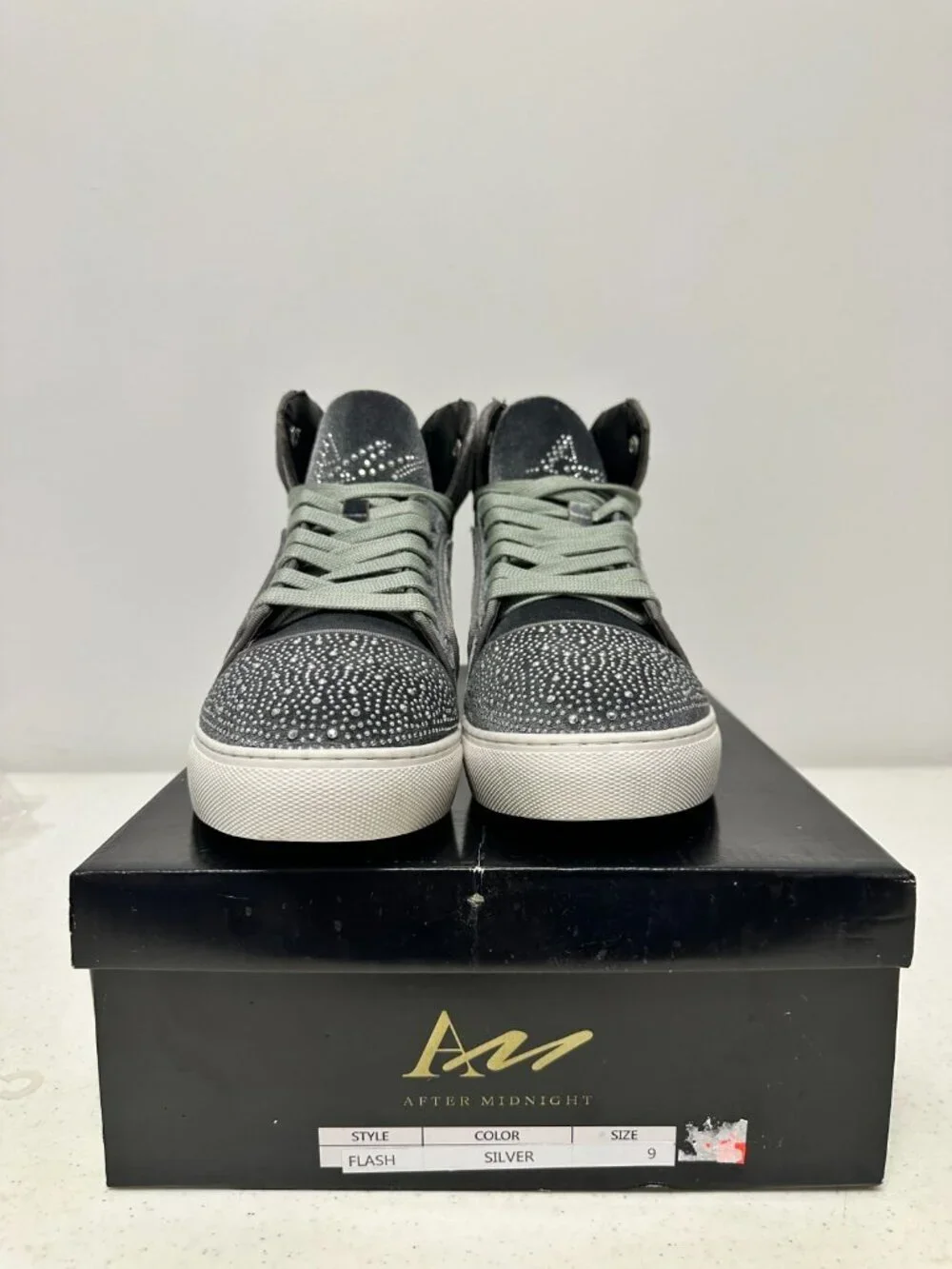 After Midnight Flash Sneakers Men 9 Silver Velvet Rhinestone Studded Bling